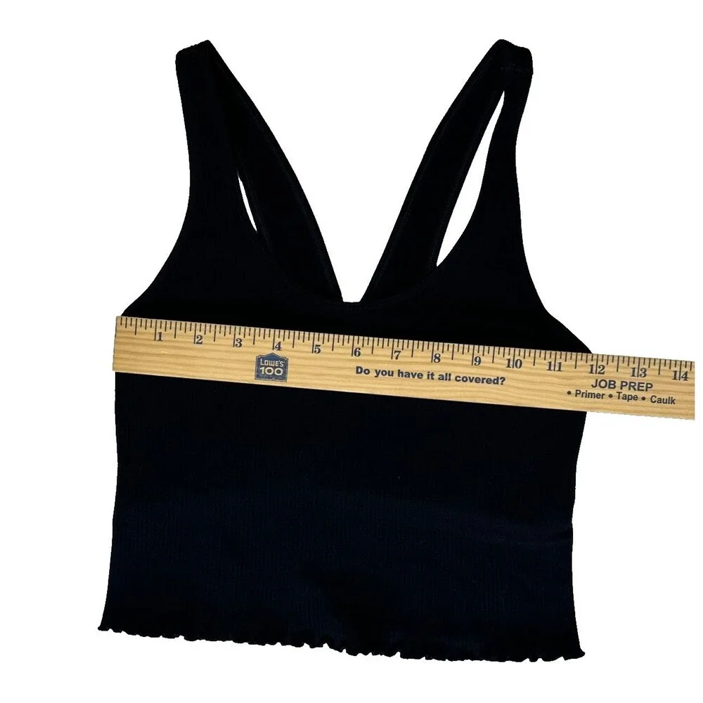 Spiritual Gangster M/L Amor Crop Rib Tank Top Black Ruffled Lettuce Edge Bra